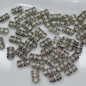 60 Pcs Antiqued Silver Pewter Rectangle Spacer Beads | 15x8mm Puffed Design